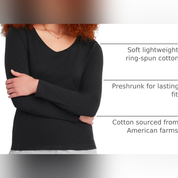 Hanes Womens Originals Long Sleeve Cotton V-Neck T-Shirt, Lightweight V-Neck Tee - Picture 2 of 2